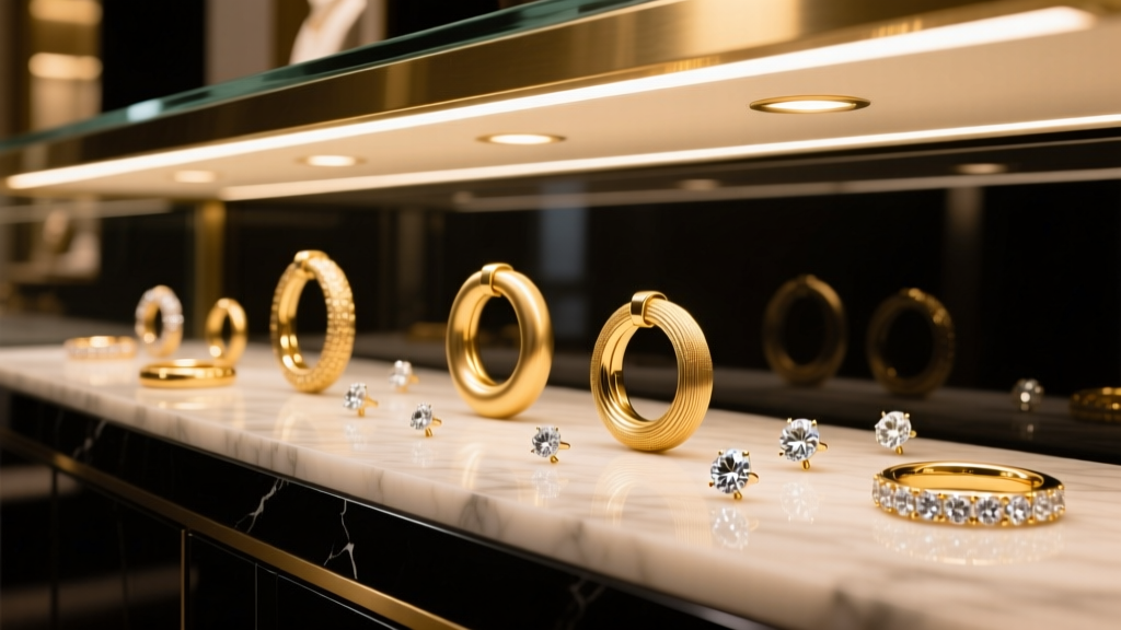 A Manhattan jewelry exchange counter with a loupe, scattered gold hoops, and diamond studs illuminated by warm overhead lighting