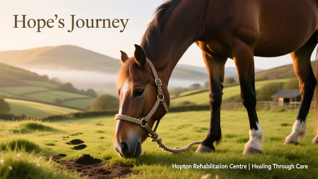 Hope grazing peacefully in a lush green paddock at the Hopton Rehabilitation Centre, with rolling hills of the Welsh countryside in the background