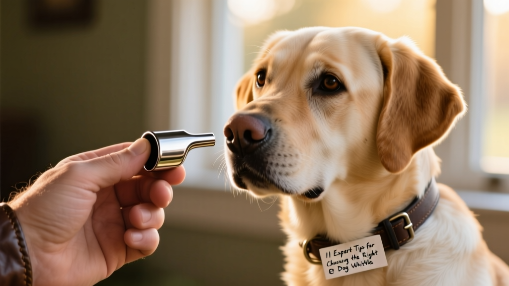 Close-up of a hand holding a compact, silver-toned dog whistle next to a calm, attentive Labrador