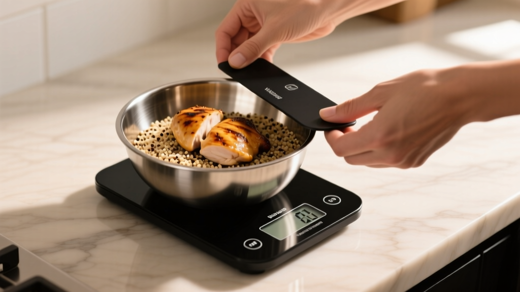 Hands taring a sleek black digital kitchen scale holding a stainless steel bowl filled with precisely weighed quinoa and grilled chicken