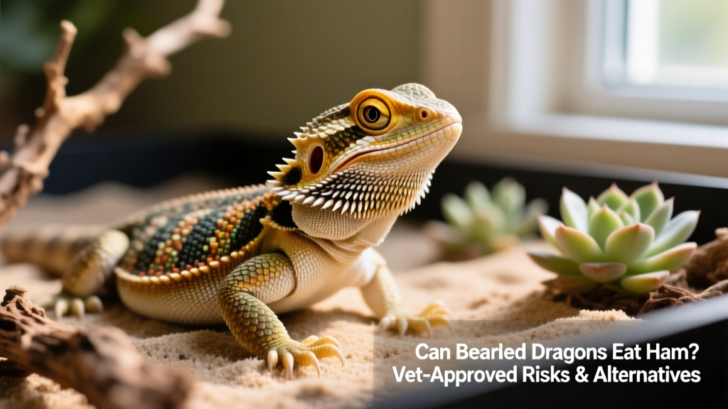 Close-up of a healthy adult bearded dragon on a naturalistic terrarium background, looking alert and well-hydrated