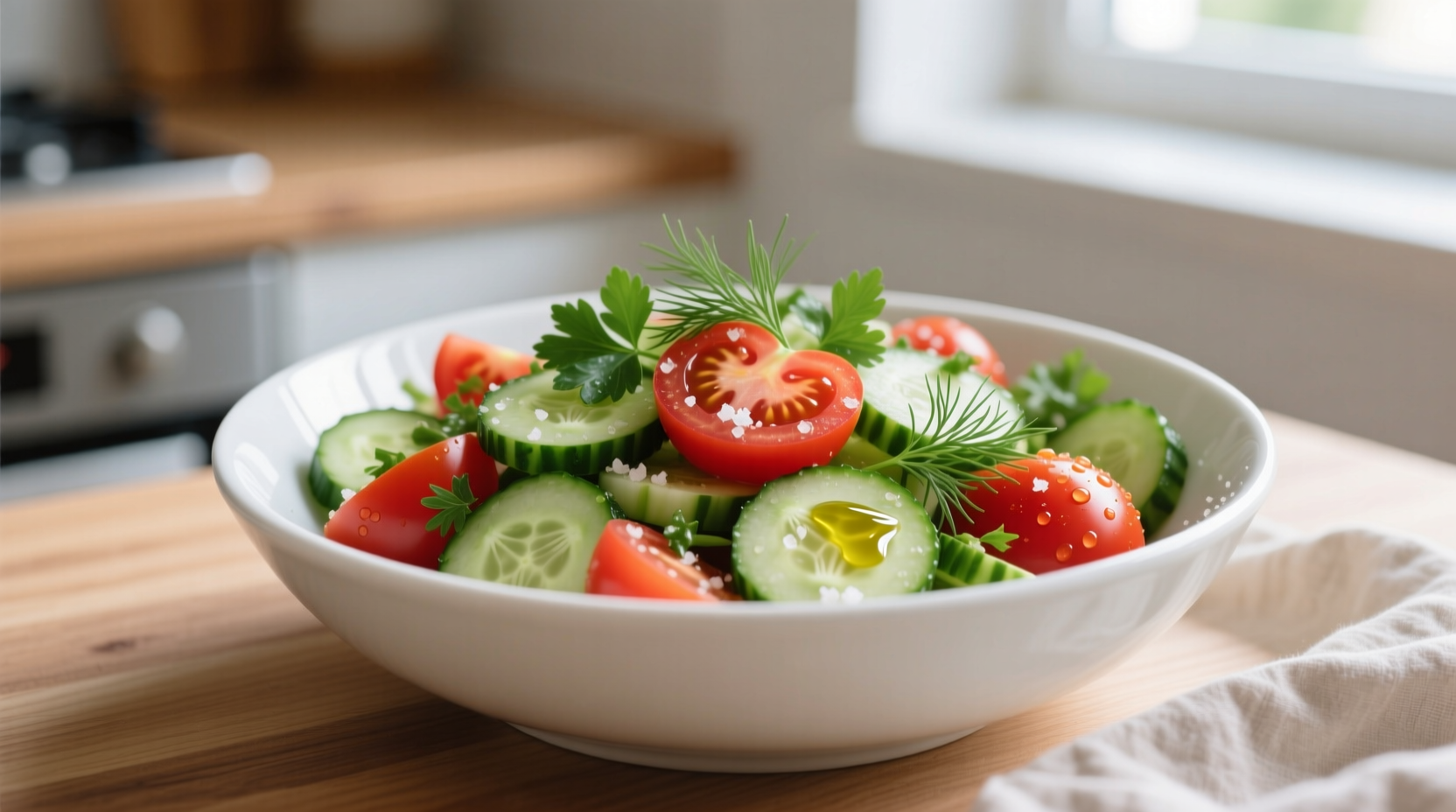 Fresh tomato cucumber salad in white bowl with herbs