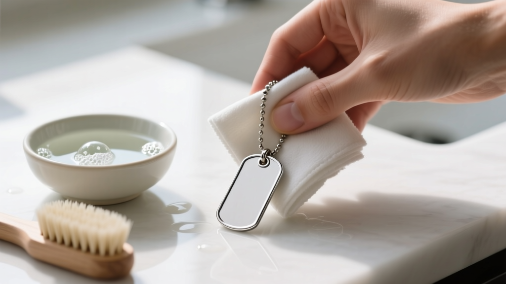 Hands gently wiping a silver dog tag necklace with a microfiber cloth beside a small bowl of mild soapy water and a soft brush.