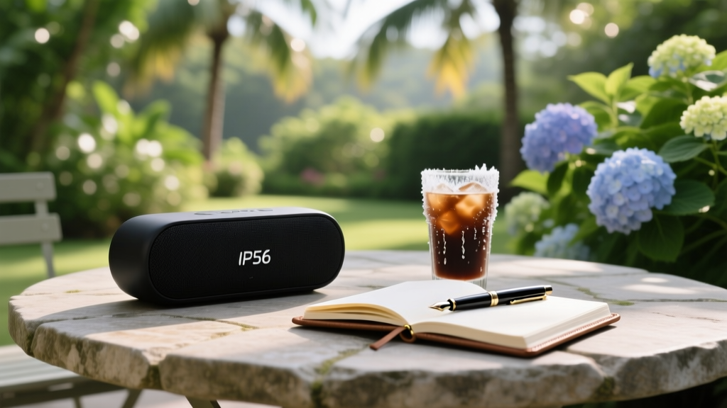 Black IP56-rated wireless speaker resting on a stone patio table next to a notebook and iced coffee, with a lush garden backdrop