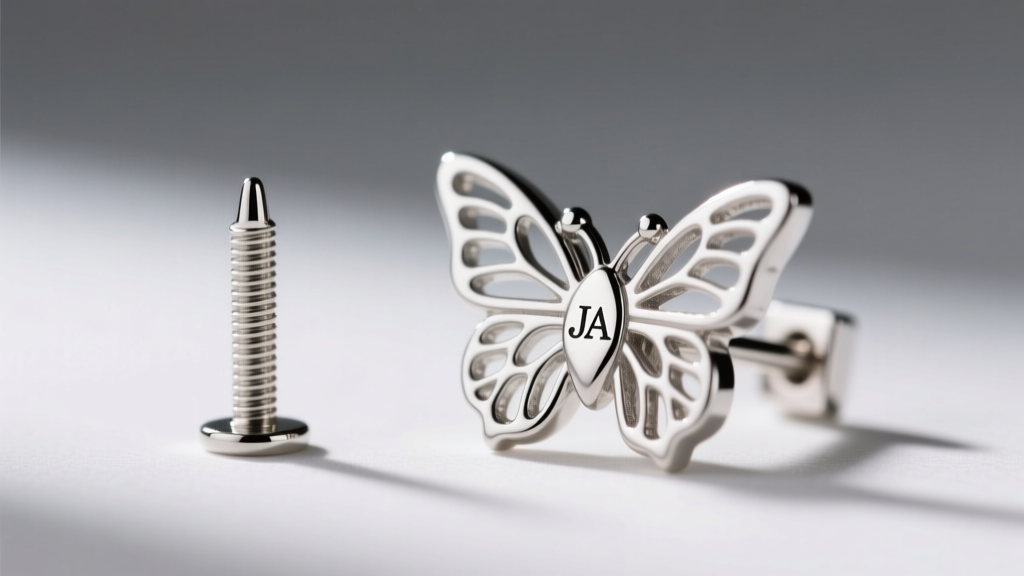 Macro shot of 20-gauge silver earring post and butterfly clutch, revealing the JA copyright maker