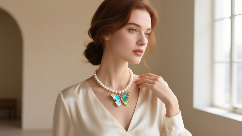 Woman wearing a 16-inch princess length pearl necklace with a mother-of-pearl butterfly pendant layered over a silk V-neck blouse