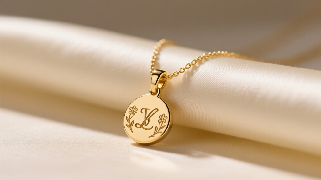 Close-up of a delicate 14k solid gold necklace with a small engraved pendant resting on soft cream silk fabric in warm light.
