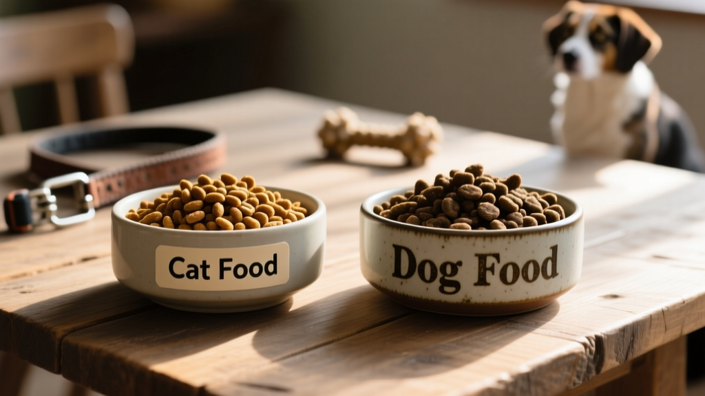 A close-up of dry kibble in two bowls — one labeled 'Cat Food', the other 'Dog Food'