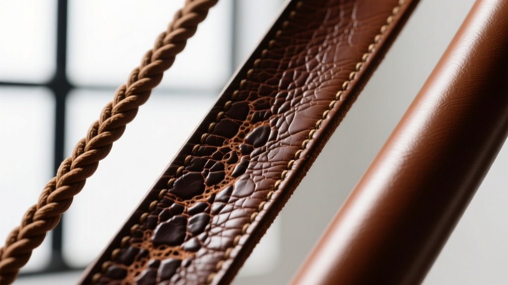 Macro shot comparing three leather cord textures, showing the natural grain of full-grain leather next to smooth top-grain leather.
