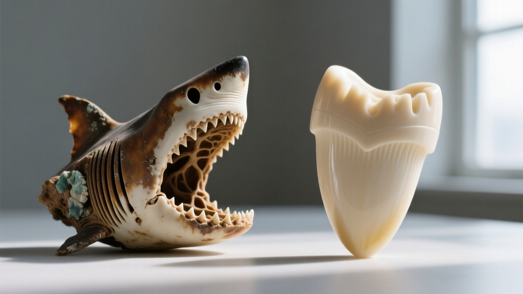 Side-by-side comparison of a genuine fossilized megalodon tooth with root pores next to a smooth, molded resin fake replica.