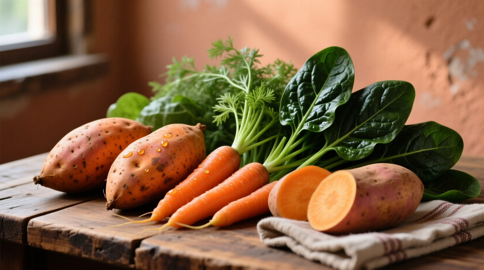 Colorful array of vitamin A rich foods including sweet potatoes, carrots and spinach