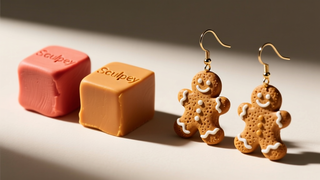 Side-by-side comparison of raw Fimo and Sculpey clay blocks with baked gingerbread earring prototypes showing flexibility bending.