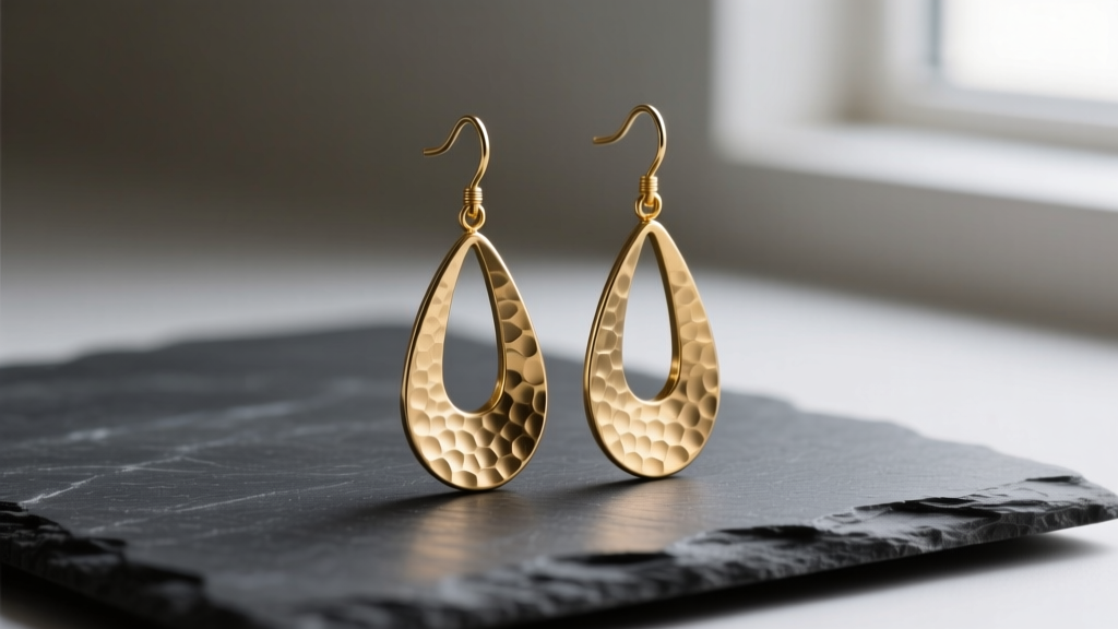 Brass hammered dangle earrings resting on dark slate, showcasing the elongated teardrop shape and heavily textured matte finish