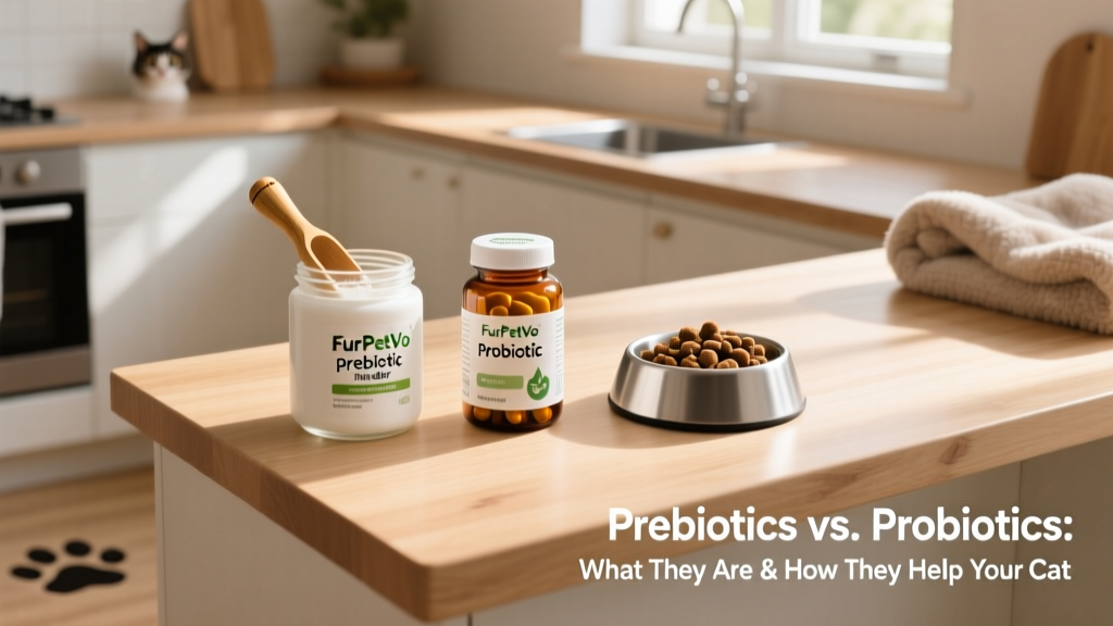 Side-by-side comparison of FurPetVo prebiotic powder and probiotic capsules on a clean kitchen counter