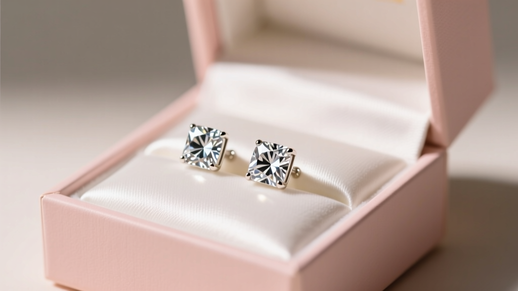 Pastel gift box opened to reveal sparkling cubic zirconia stud earrings resting on white satin under soft, warm studio lighting