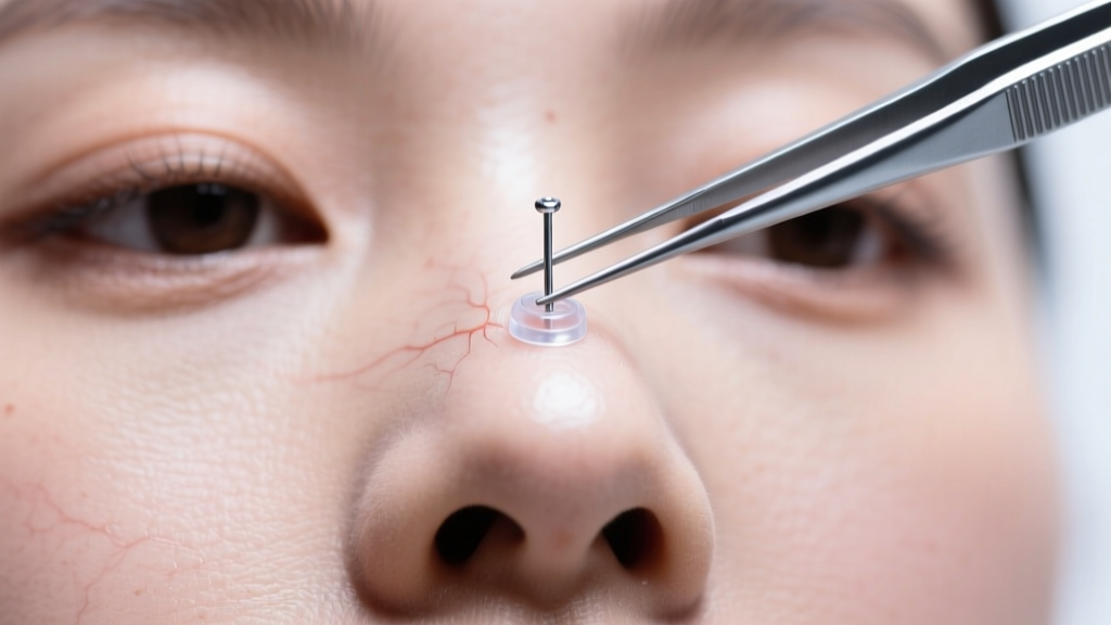 Piercer using sterile forceps to insert a micro surface anchor base into the high nasal bridge area under bright clinical lighting.