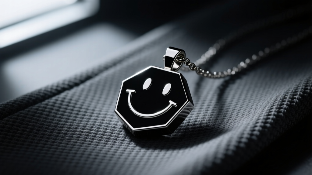 Matte black 316L stainless steel Aphex Twin smiley pendant resting on dark grey techwear fabric, moody studio lighting setup