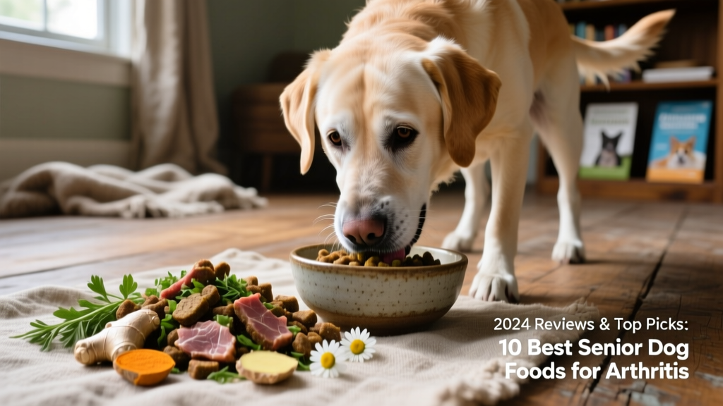 Close-up of kibble pieces with visible meat flakes and herbal botanicals, next to a senior dog happily eating from a ceramic bowl