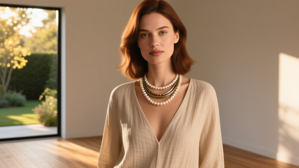 Woman wearing a three-strand mixed metal and pearl necklace over a deep V-neck linen blouse, photographed in warm natural light.