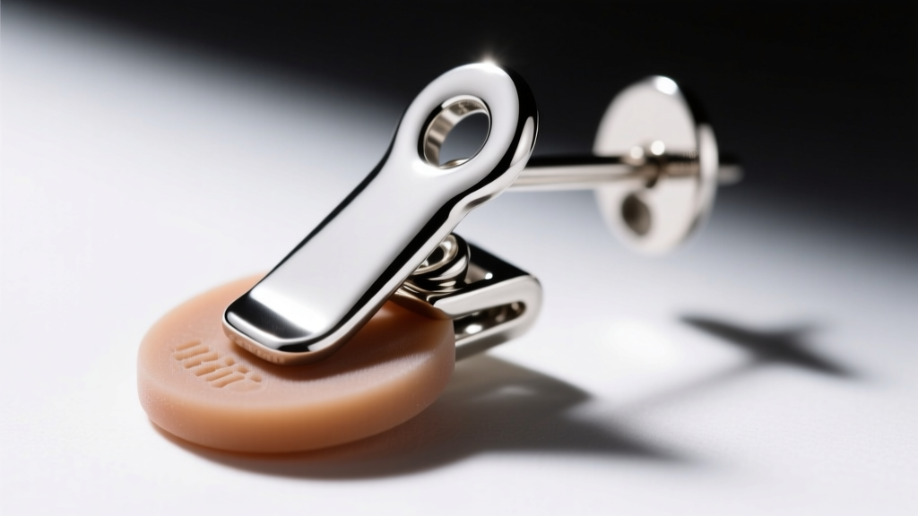 Macro shot of a rhodium-plated clip earring hinge, showing the metal paddle and soft silicone pad under bright studio lighting.