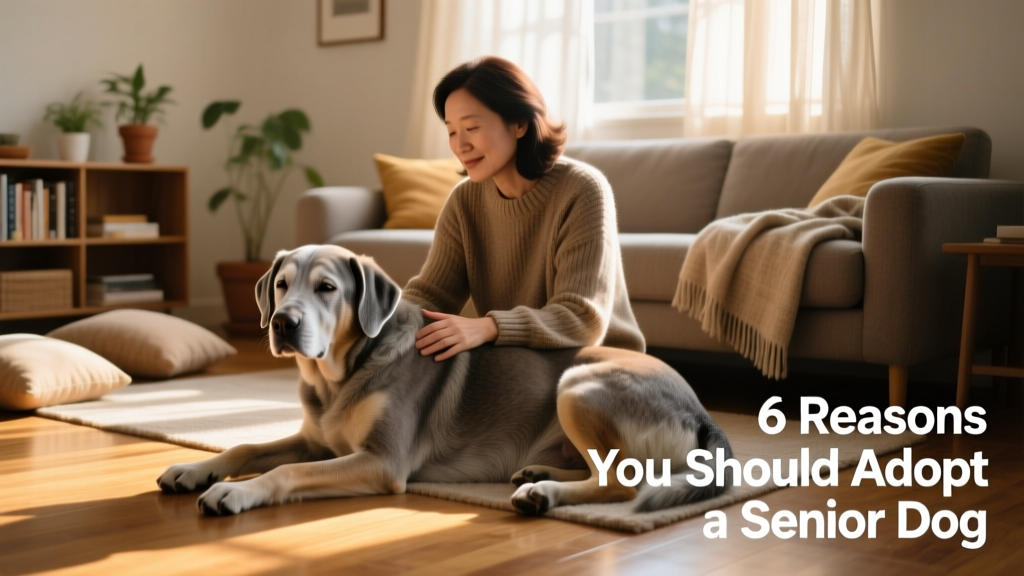 A calm, gentle senior dog resting beside their adopter on a sunlit living room floor
