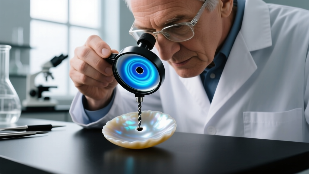 Gemologist using a 10x loupe to inspect the drill hole of a dyed blue freshwater pearl for concentrated color bands under light
