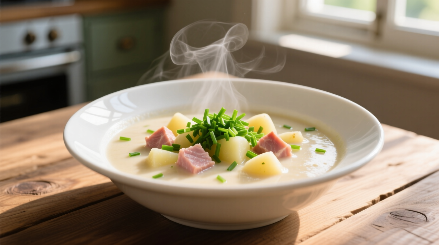Creamy ham potato soup in white bowl with fresh chives
