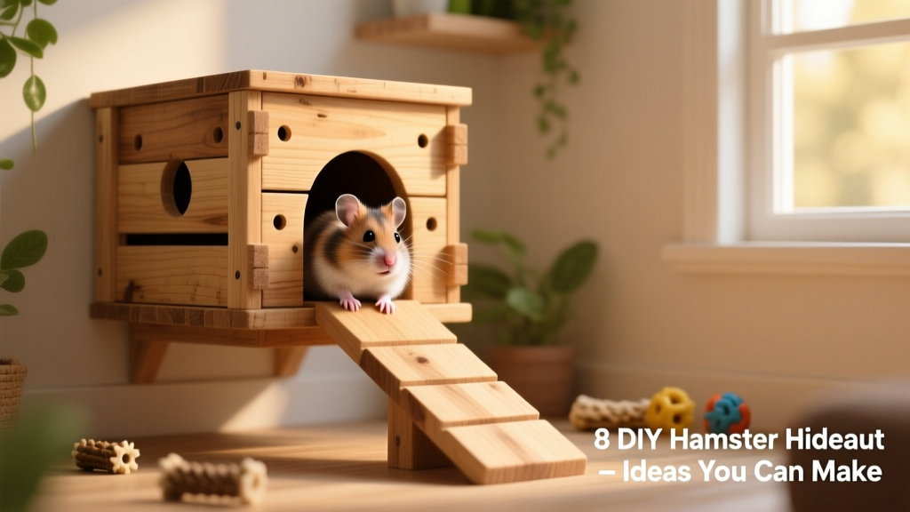 A wooden crate loft mounted securely inside a hamster habitat with a small ramp leading up to it