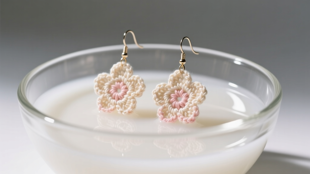 Delicate floral crocheted earrings partially submerged in a glass bowl of milky PVA fabric stiffener under bright studio lighting.