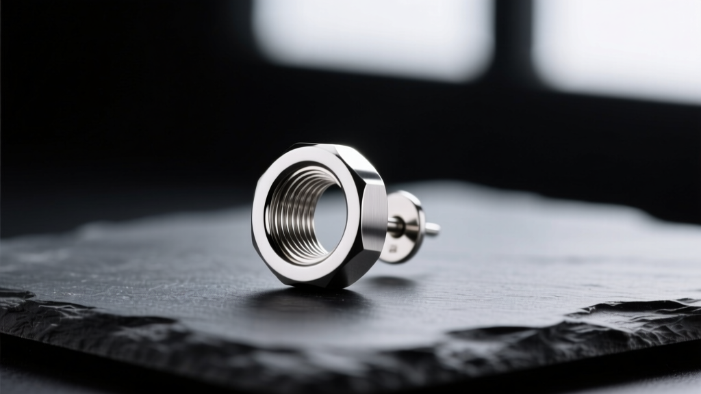 Macro photography of an internally threaded 14-gauge implant-grade titanium flat back earring resting on a dark slate surface