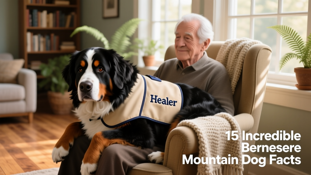 A Bernese Mountain Dog wearing a therapy vest, gently resting its head on a senior’s lap in a sunlit room