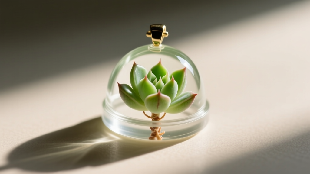 Macro shot of a resin pendant showing a dried baby succulent sealed with a PVA moisture barrier before the final epoxy casting.