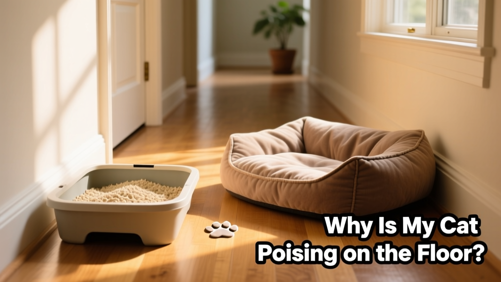 A tidy, shallow litter box filled with natural-looking, unscented litter placed beside a cozy cat bed in a calm hallway