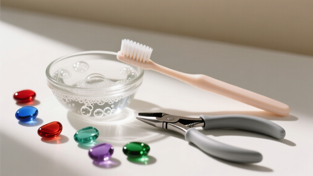 Small glass bowl of soapy water and a soft toothbrush resting beside scattered colorful glass seed beads and nylon jaw pliers.