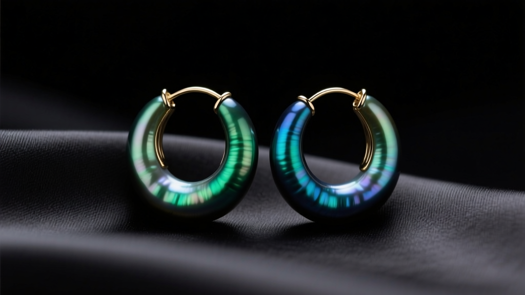 Dark Tahitian pearl hoop earrings on black silk, showing green and peacock overtones under soft studio lighting.
