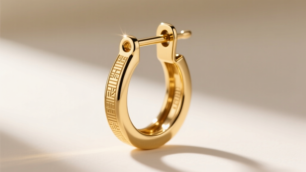 Side profile of a 14k gold drop earring showing a precision-machined omega back clasp and laser-welded articulation joint