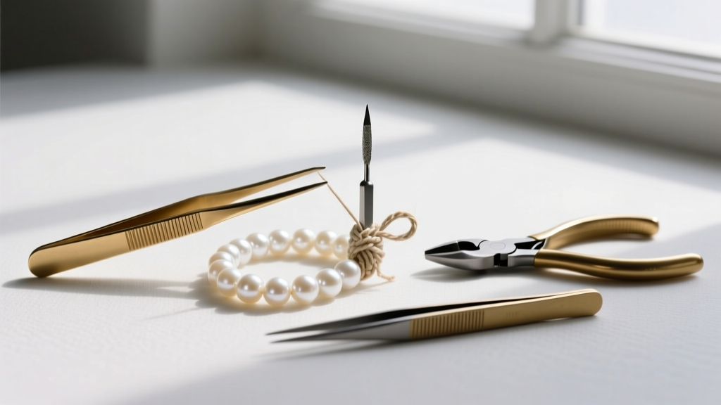 Fine-tipped brass tweezers, a knotting awl, and flush cutters resting beside a partially knotted strand of white baroque pearls