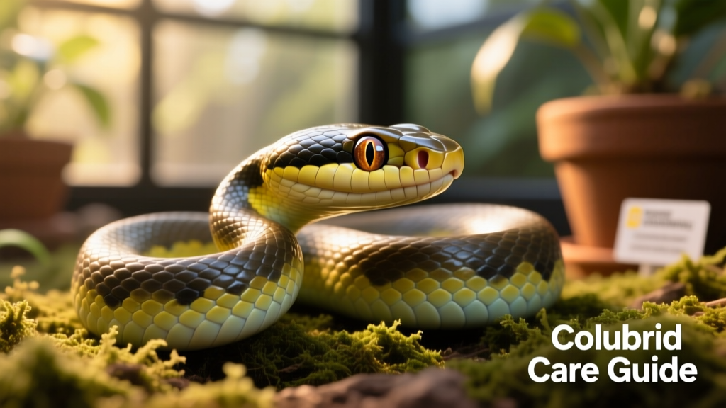 Close-up of a healthy colubrid snake with clear eyes and smooth, glossy scales