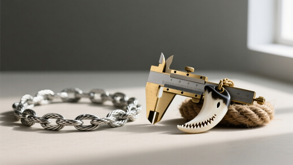 Stainless steel rope chain and weathered waxed cotton cord laid next to a brass caliper and a rough, natural shark tooth pendant.