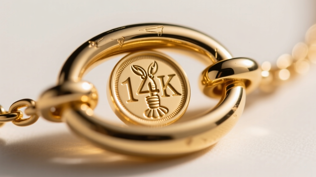 Extreme close-up of a 14K hallmark stamped inside a gold necklace lobster clasp, viewed clearly under a jeweler's loupe.
