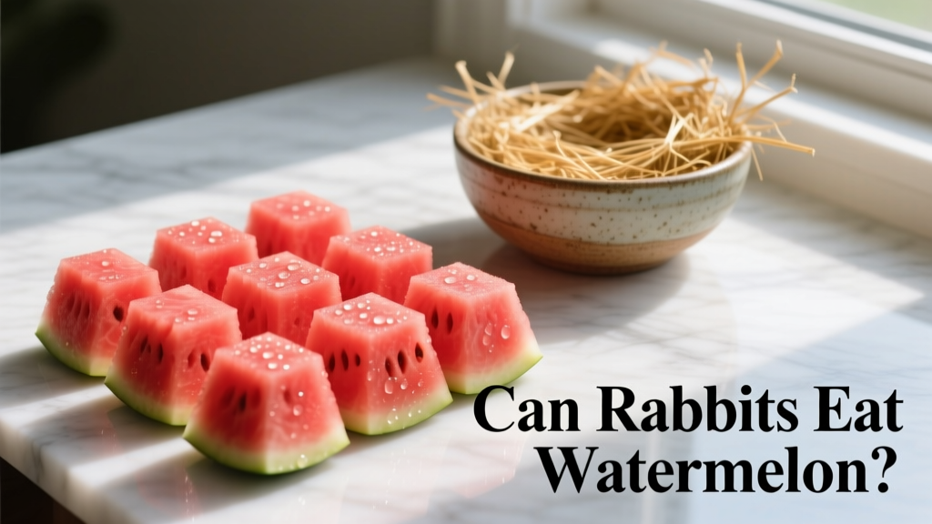 Fresh, seedless watermelon cubes placed on a clean surface beside a bowl of hay