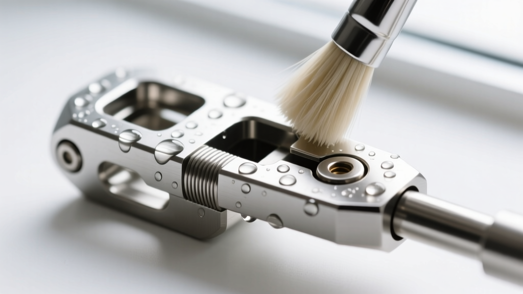 Macro shot of an 18-gauge stainless steel locking leverback mechanism being cleaned with a soft-bristled brush and soapy water.