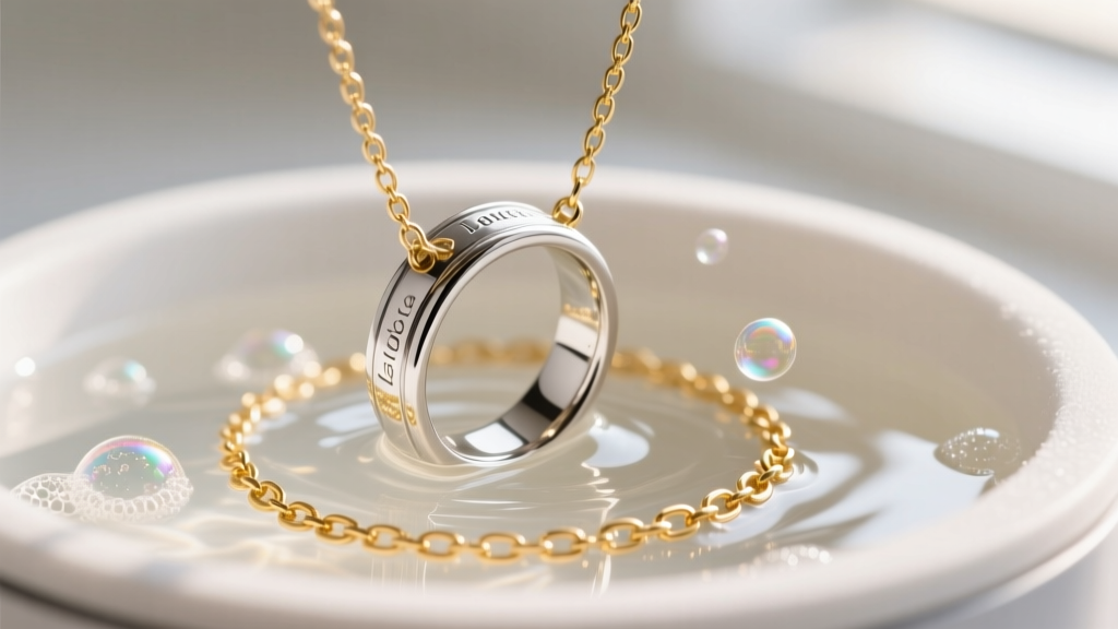 A small ultrasonic jewelry cleaner vibrating a platinum wedding ring and gold chain necklace in a warm soapy water solution