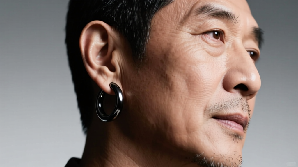 Profile of a man wearing a 30mm black titanium hoop earring, highlighting the seamless continuous design against soft studio light