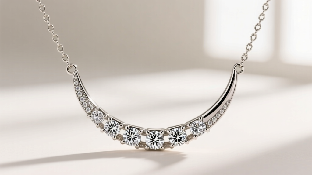 Close-up of diamond-accented platinum crescent necklace catching light, showing secure bezel settings and soldered chain jump rings