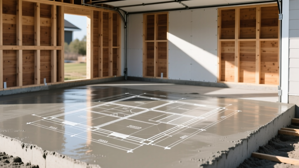 Blueprint overlaying a freshly poured concrete slab for a two-car detached garage with framed wooden walls rising in the background