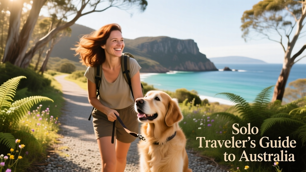 A solo female traveler smiling beside a friendly dog on a sunlit park path in Tasmania