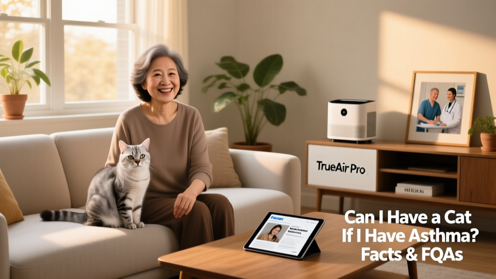 Happy owner and cat sitting side-by-side on a clean, well-ventilated sofa with HEPA filter visible nearby