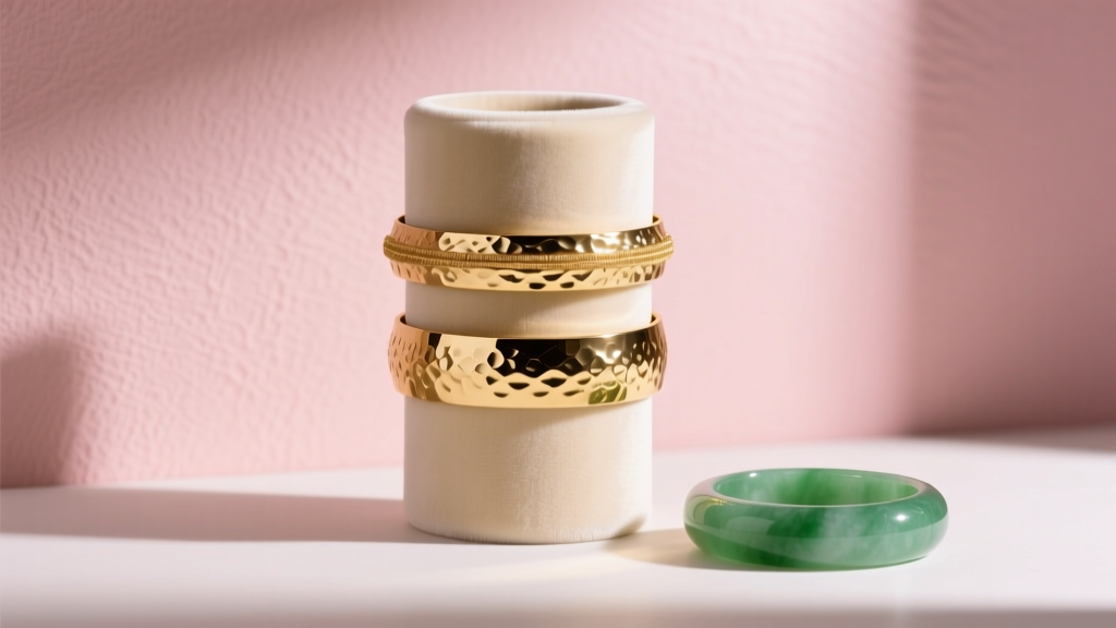 Cylindrical cream velvet bangle stand displaying two thick hammered gold cuffs and one jade bangle against a soft blush pink wall