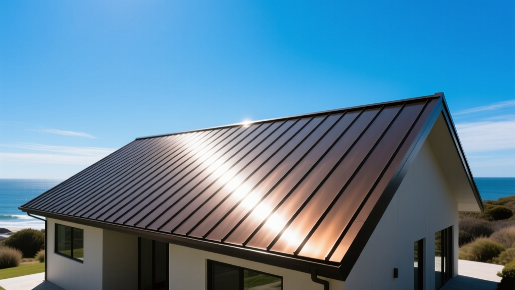 Sleek dark bronze standing seam aluminum roof on a modern coastal home, reflecting bright sunlight against a clear blue sky backdrop.